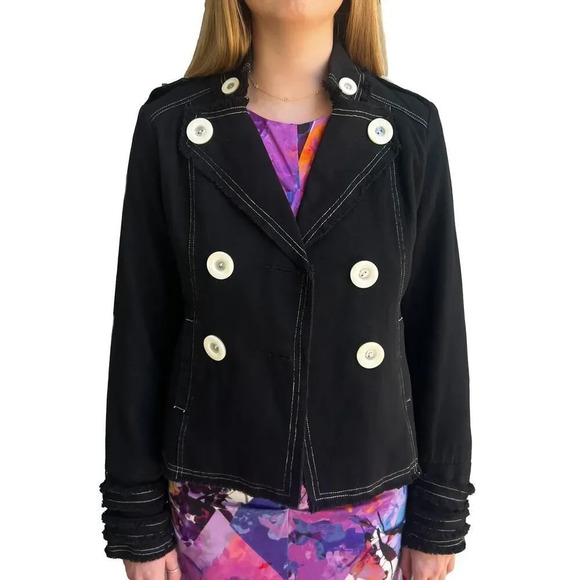 Aziz Black Double Breasted Twill Button Jacket Size L - Picture 1 of 10